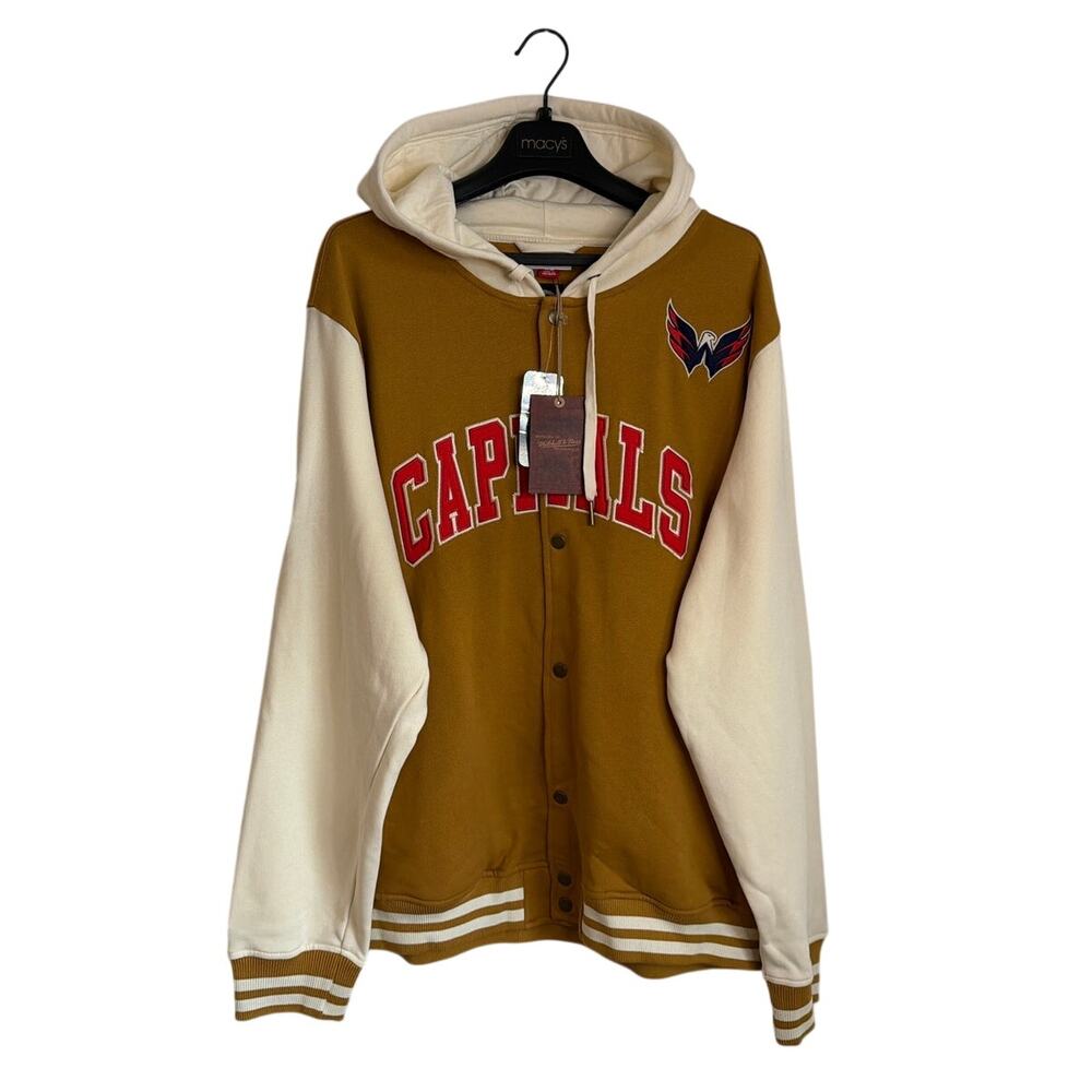 NWT Mitchell & Ness Washington Capitals Fleece Button Front Hoodie, Tan, Mens XL